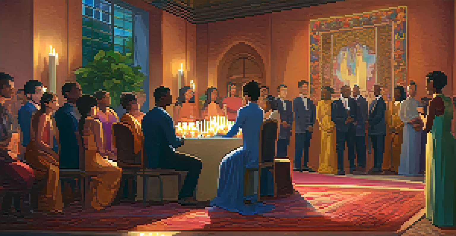 An indoor gender-inclusive ceremony with participants exchanging tokens and sharing affirmations, surrounded by flowers and candles in warm lighting.