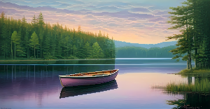 A peaceful sunrise over a calm lake with a wooden rowboat in the foreground.