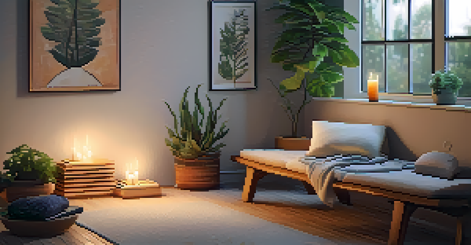 A cozy meditation space with cushions, candles, and plants, designed for reflection and tranquility.