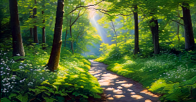 A person standing at the edge of a winding path in a lush forest, contemplating their journey surrounded by nature.