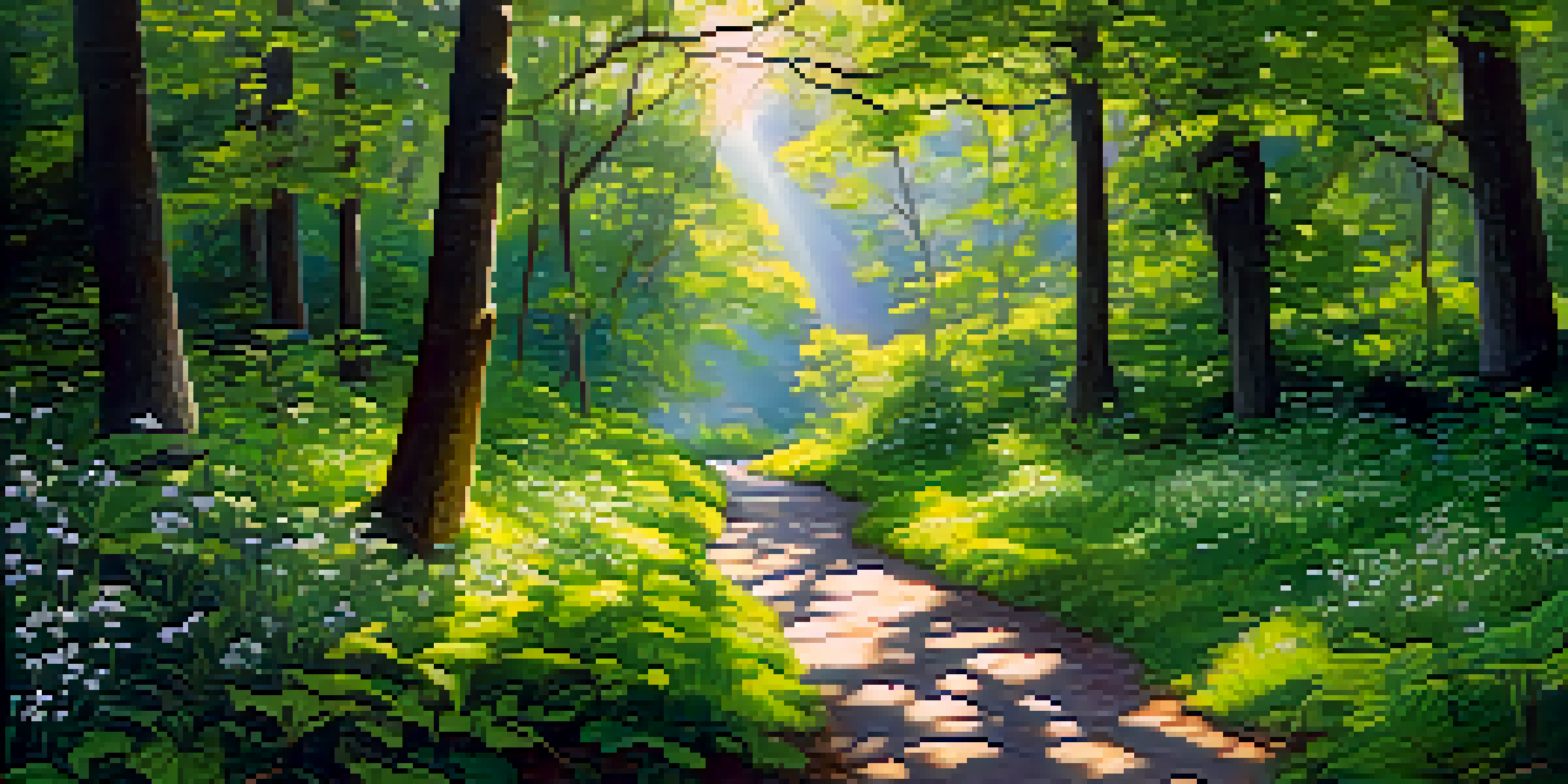 A person standing at the edge of a winding path in a lush forest, contemplating their journey surrounded by nature.