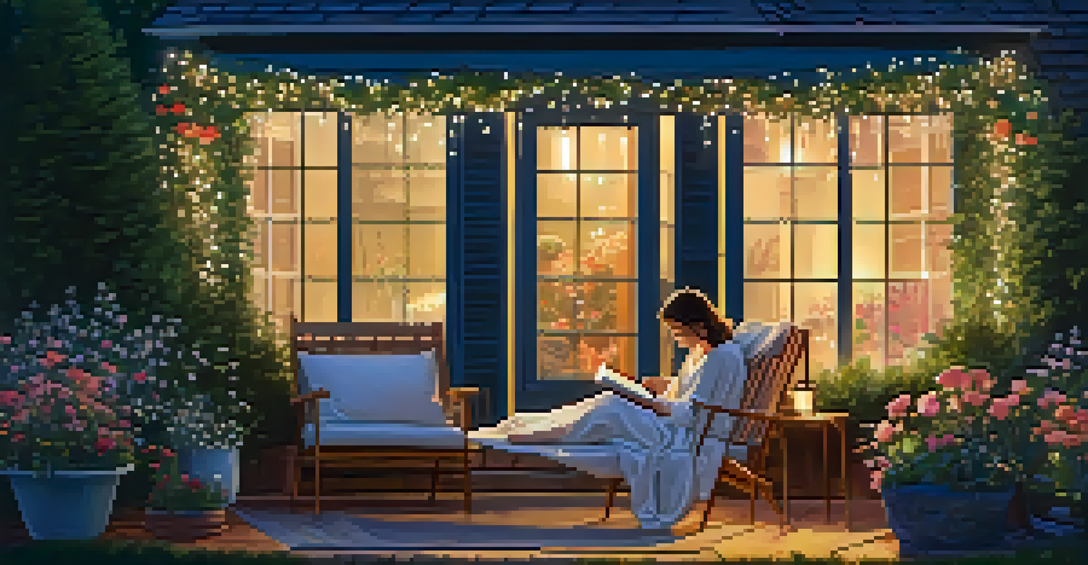 A peaceful evening scene with a person reading a book in a garden, surrounded by fairy lights and blooming flowers.
