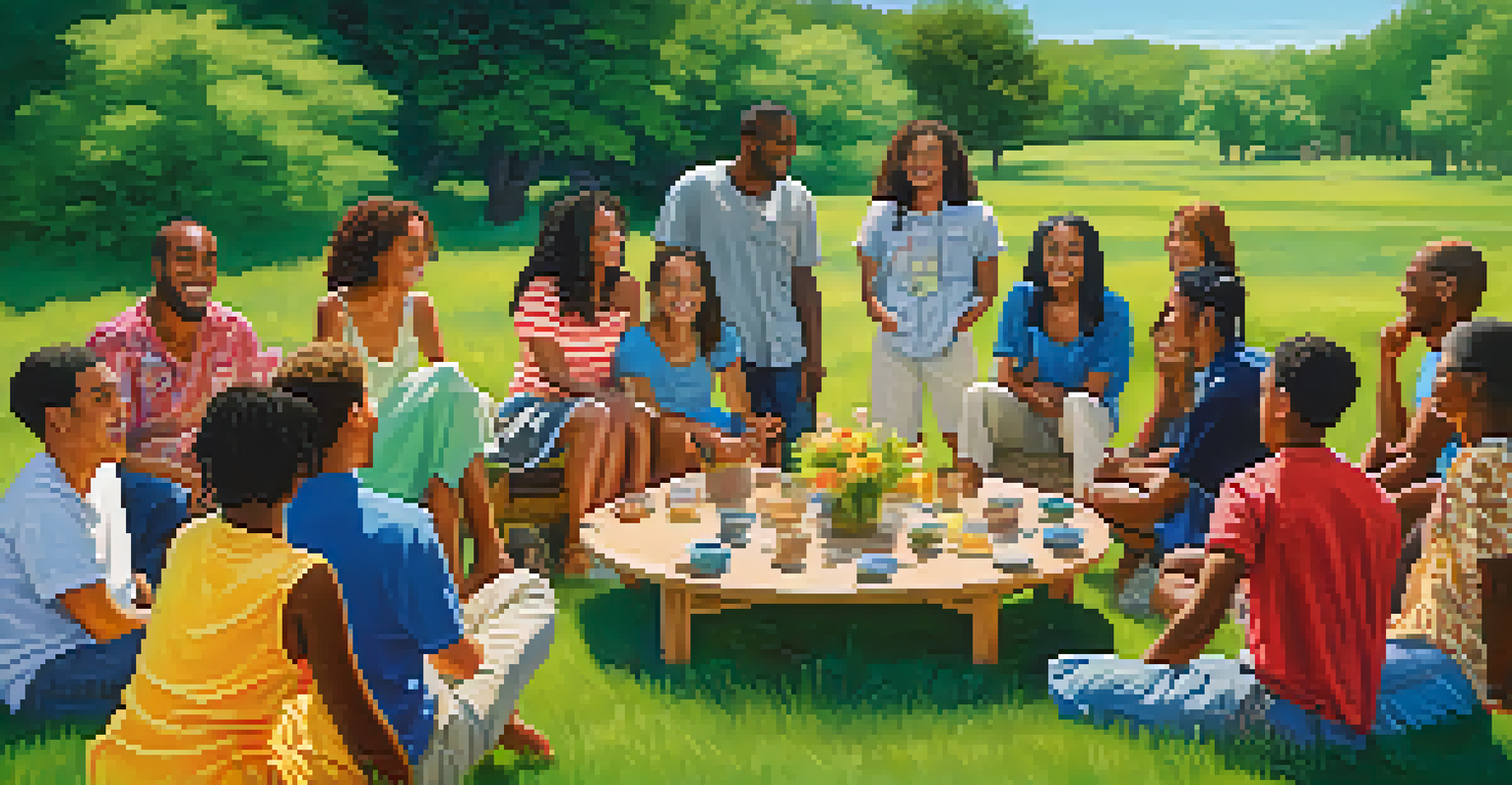 A diverse group of individuals sharing and supporting each other in an outdoor setting, surrounded by greenery and flowers.