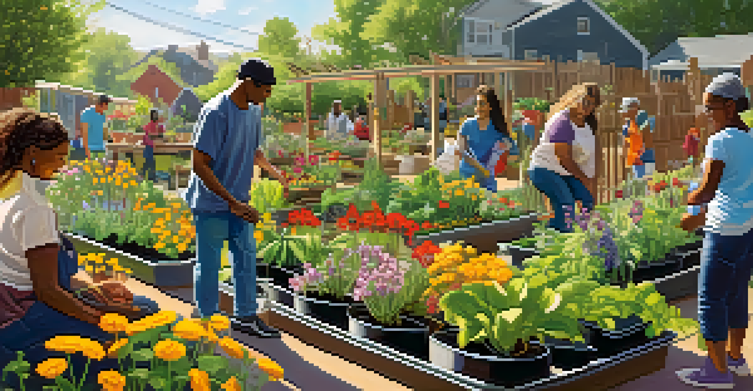 A lively community garden with diverse individuals planting and watering flowers under bright sunlight.