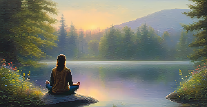 A person meditating on a rock by a tranquil lake at sunrise, surrounded by a misty forest and colorful wildflowers.