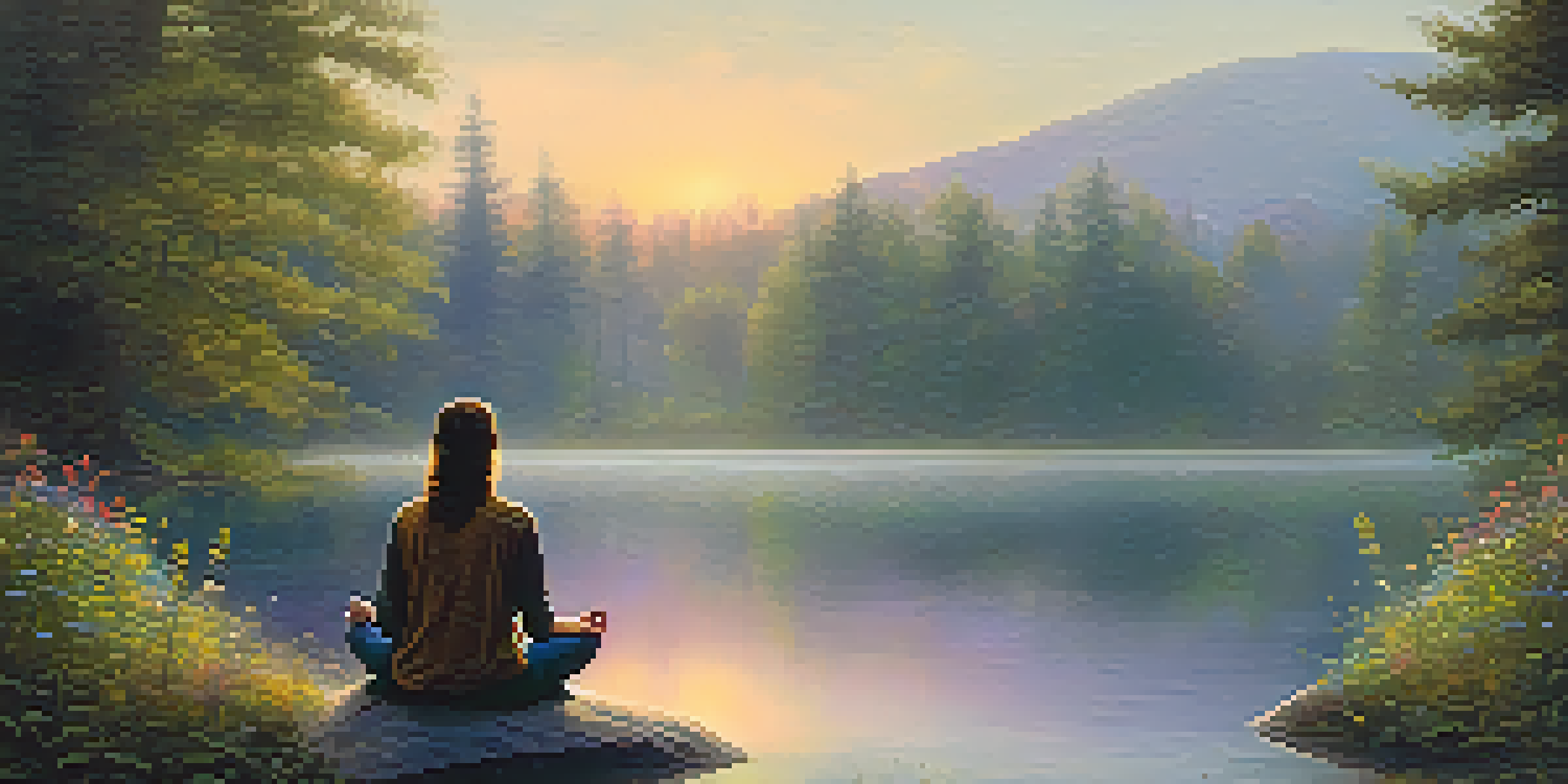 A person meditating on a rock by a tranquil lake at sunrise, surrounded by a misty forest and colorful wildflowers.