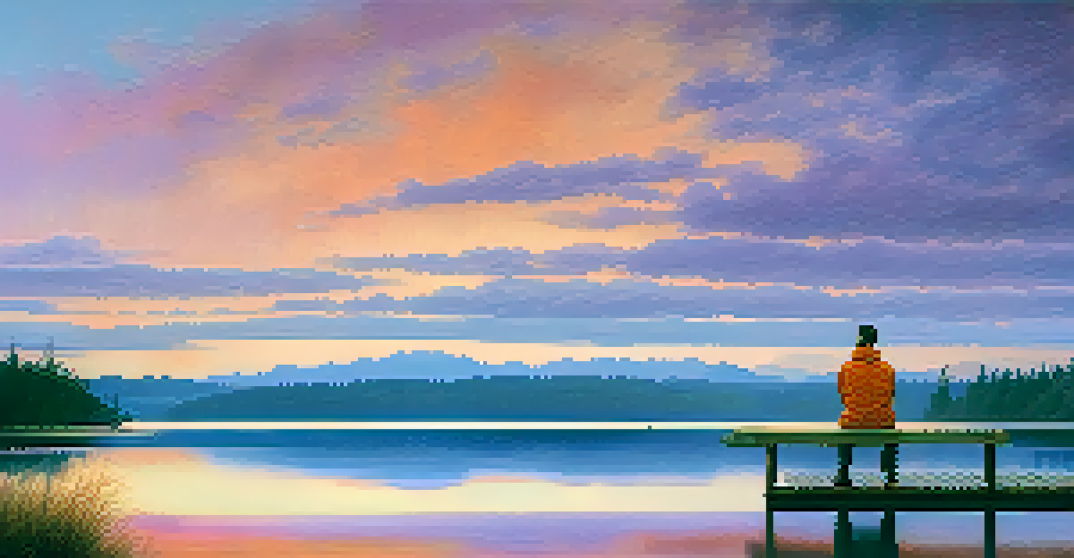 A solitary figure sitting on a dock by a lake at sunset, with vibrant sky reflections in the water, symbolizing tranquility and contemplation.