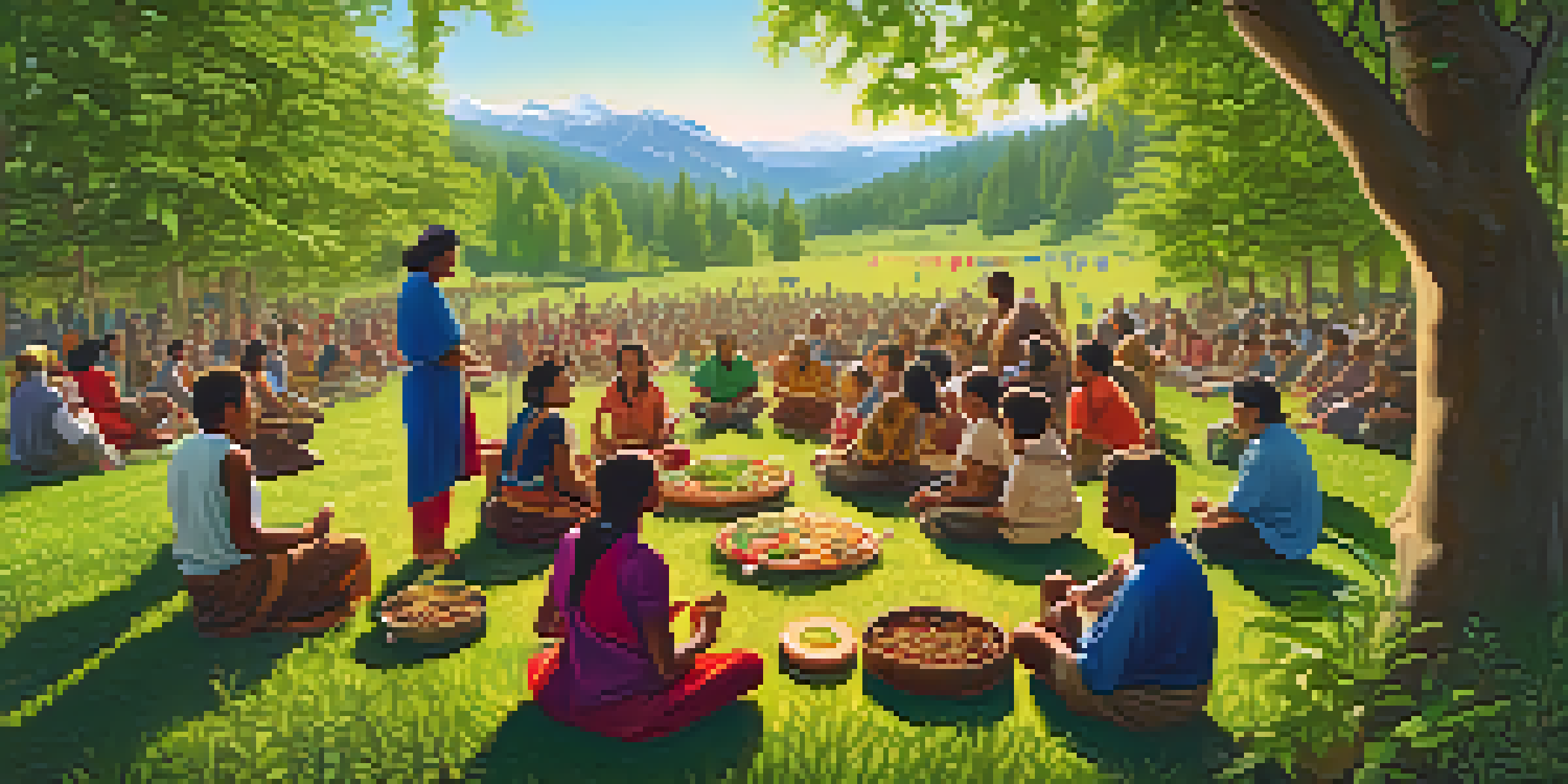 A vibrant community gathering in a green meadow, sharing traditional foods under a blue sky with sunlight filtering through trees.
