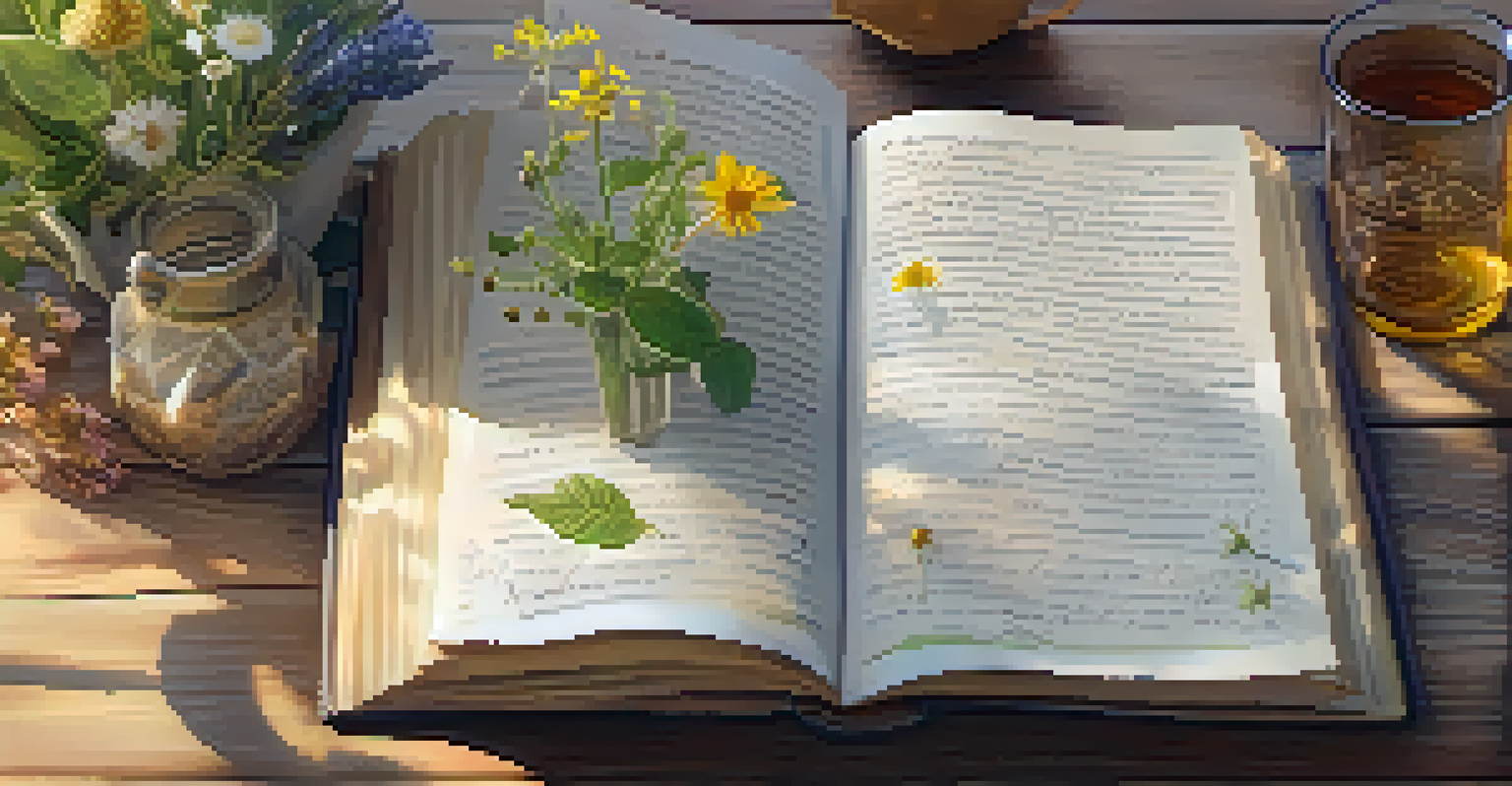 A close-up of an open journal with notes on spirituality, a cup of tea, and wildflowers on a wooden table.