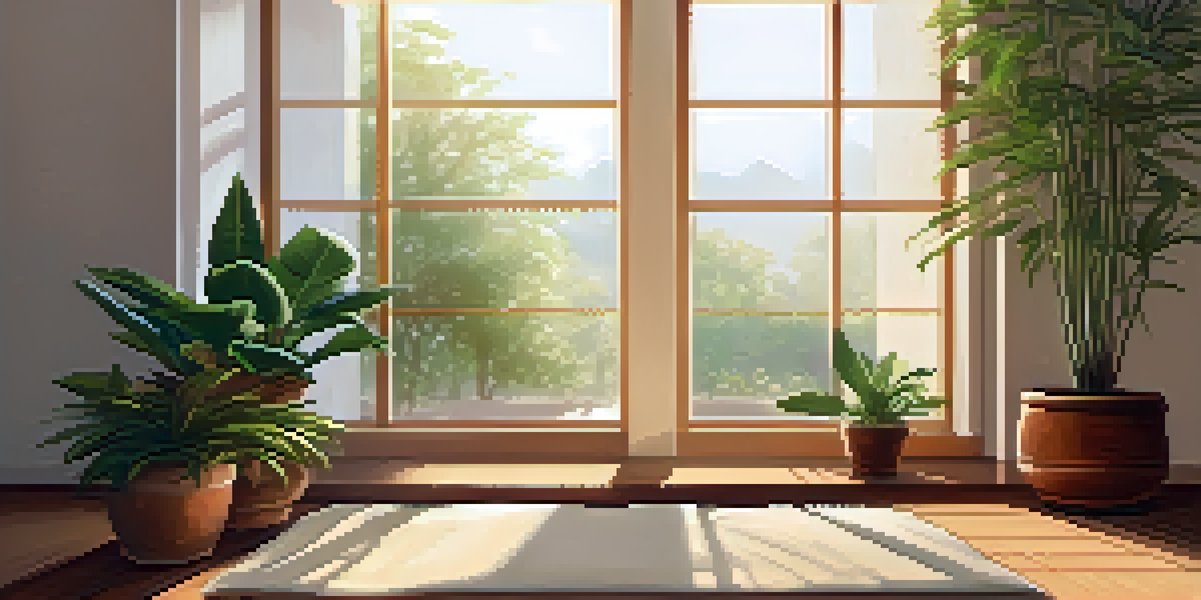 A cozy meditation corner with a cushion on a bamboo mat, surrounded by plants and soft sunlight filtering through a window.