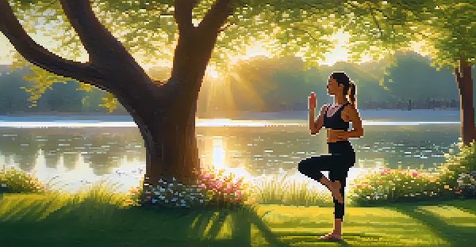 A person practicing yoga in a green park at sunrise, surrounded by flowers and a reflective lake.