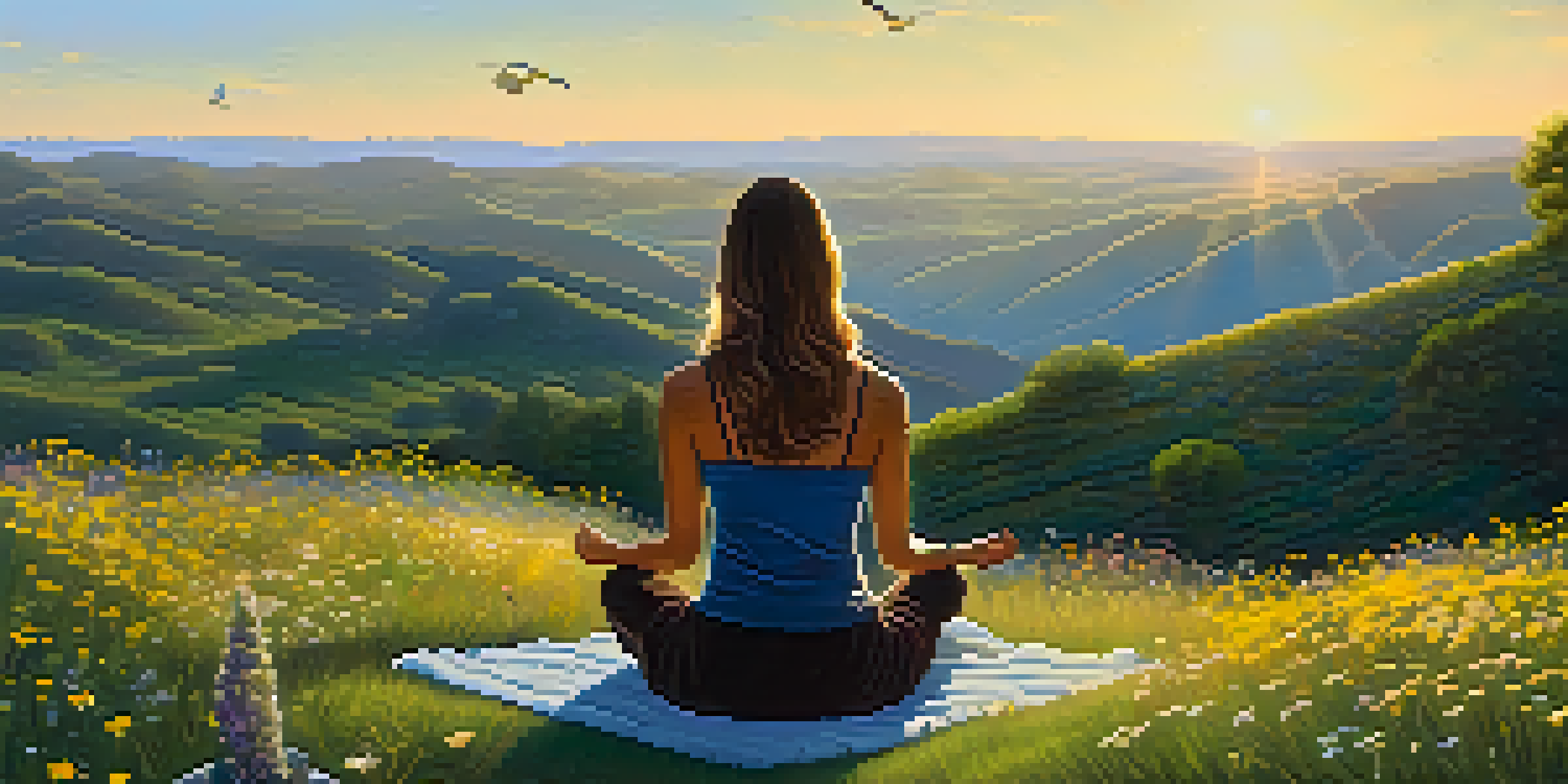 A person meditating on a grassy hillside at sunrise, surrounded by wildflowers, with a peaceful expression.
