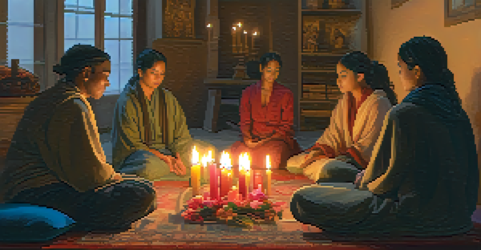 A small group participating in a shared ritual with candles, creating a calming and intimate atmosphere in a cozy indoor space.