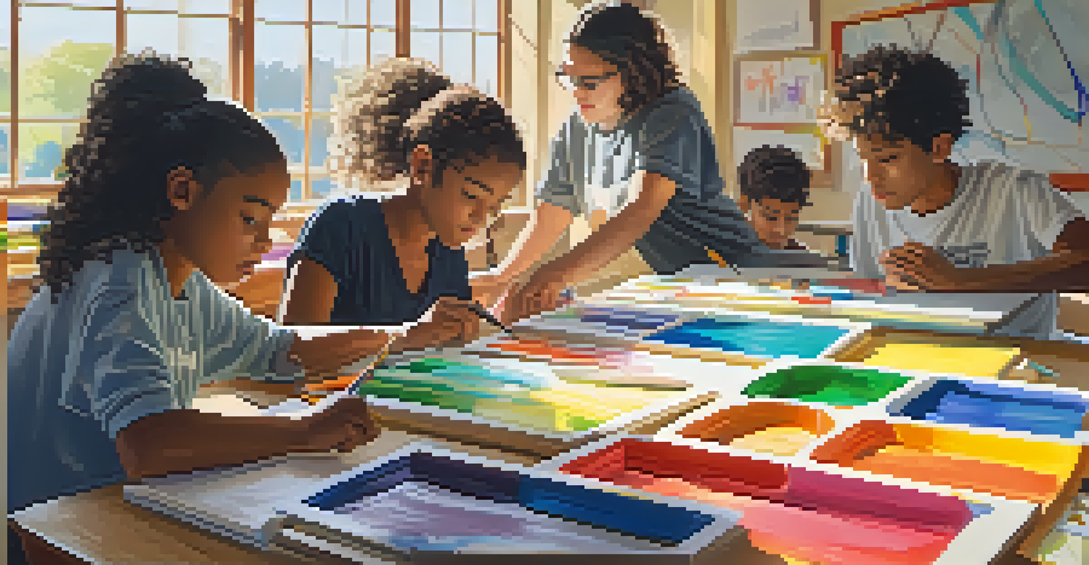 A classroom with students from different backgrounds collaborating on a large art project, surrounded by colorful art supplies and sunlight streaming through the windows.