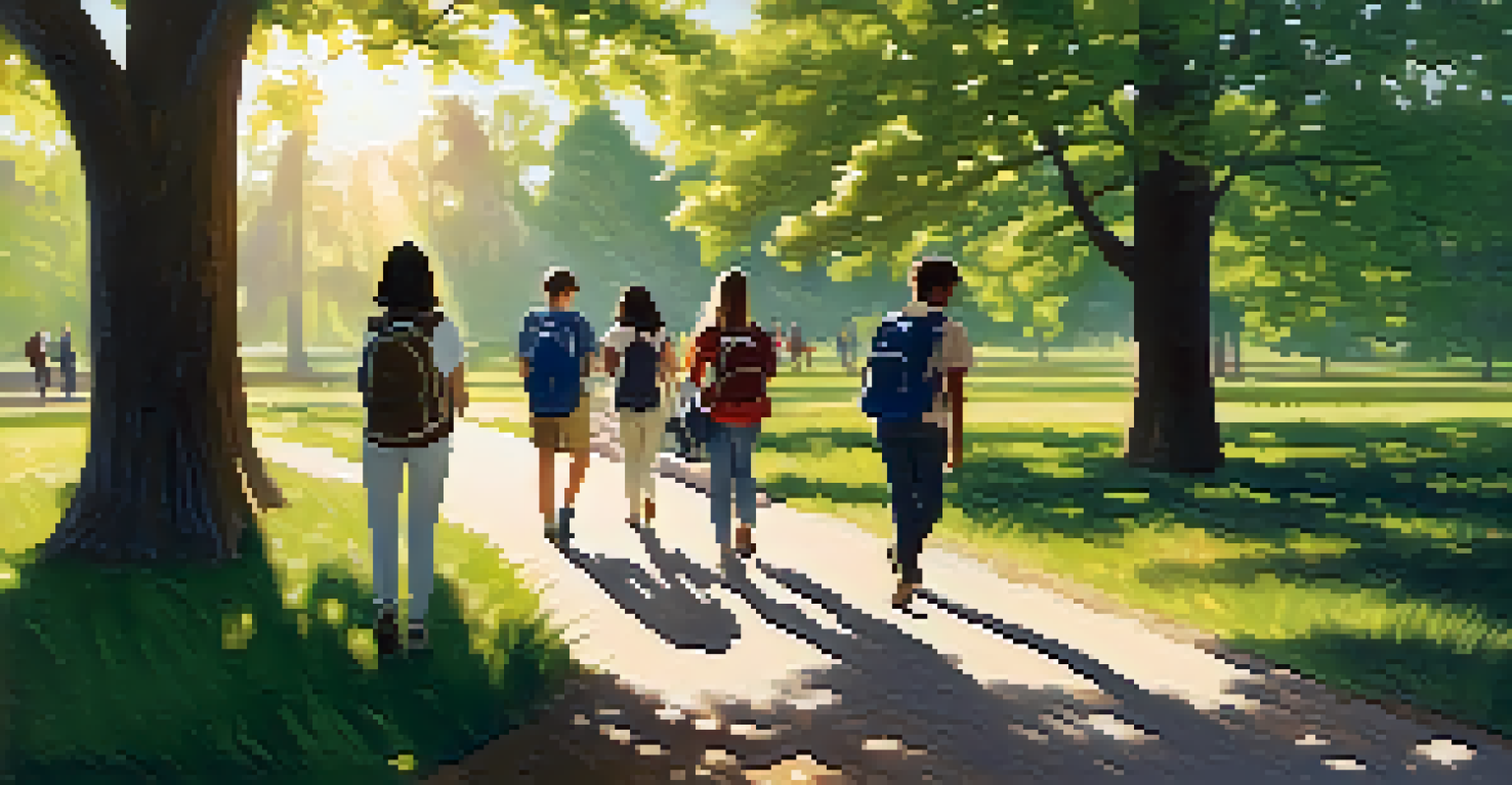 Students enjoying a mindful nature walk along a path lined with trees, engaged in conversation about their surroundings.