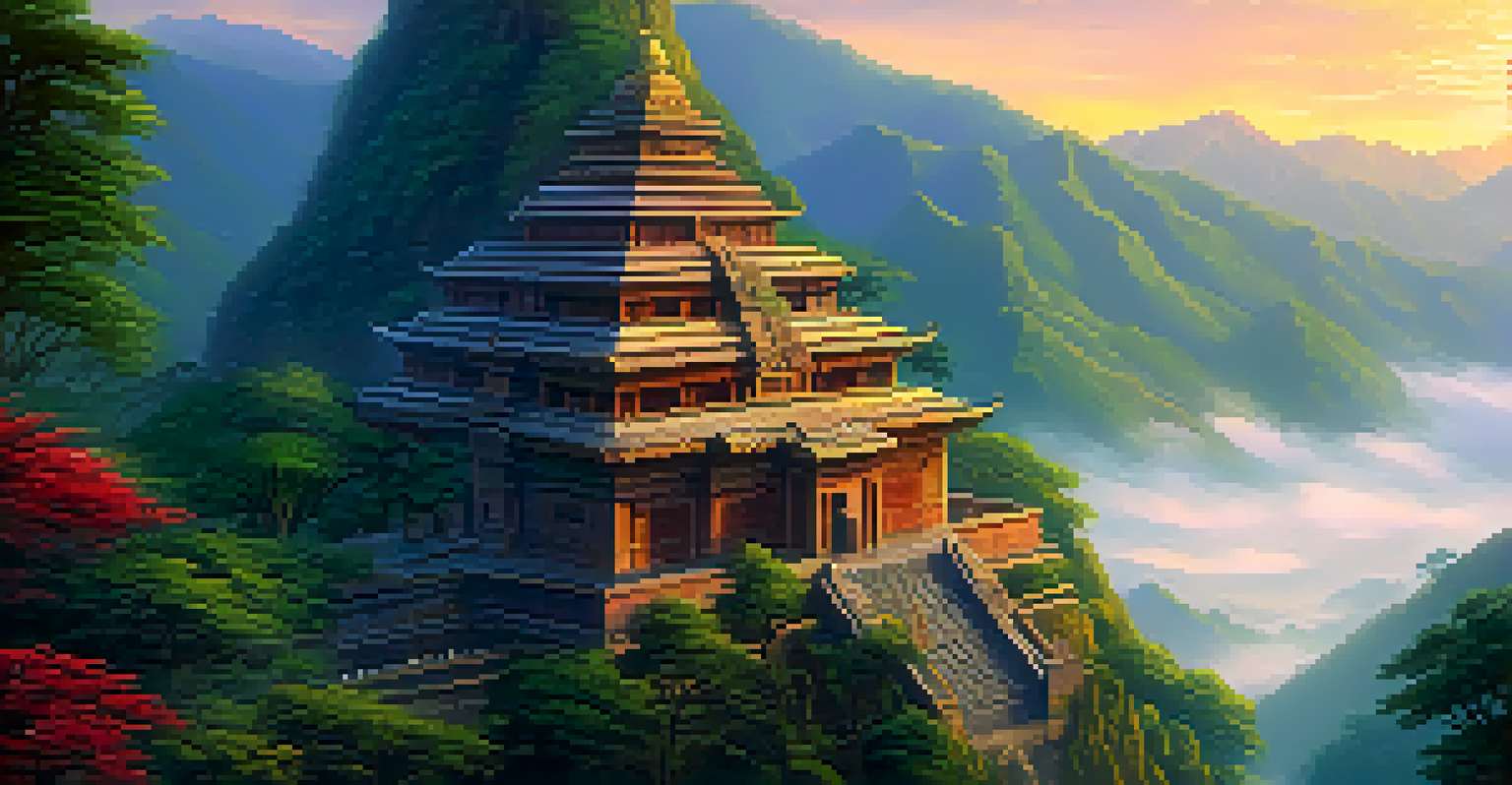 An ancient temple on a mountainside at sunset, surrounded by lush greenery, with a lone traveler standing at the entrance.