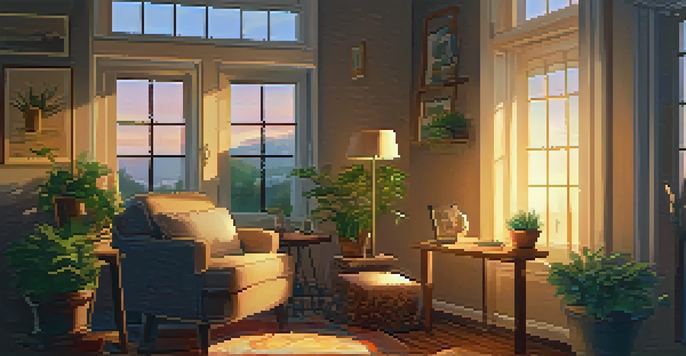 A person writing in a gratitude journal in a cozy living room with warm lighting and plants.