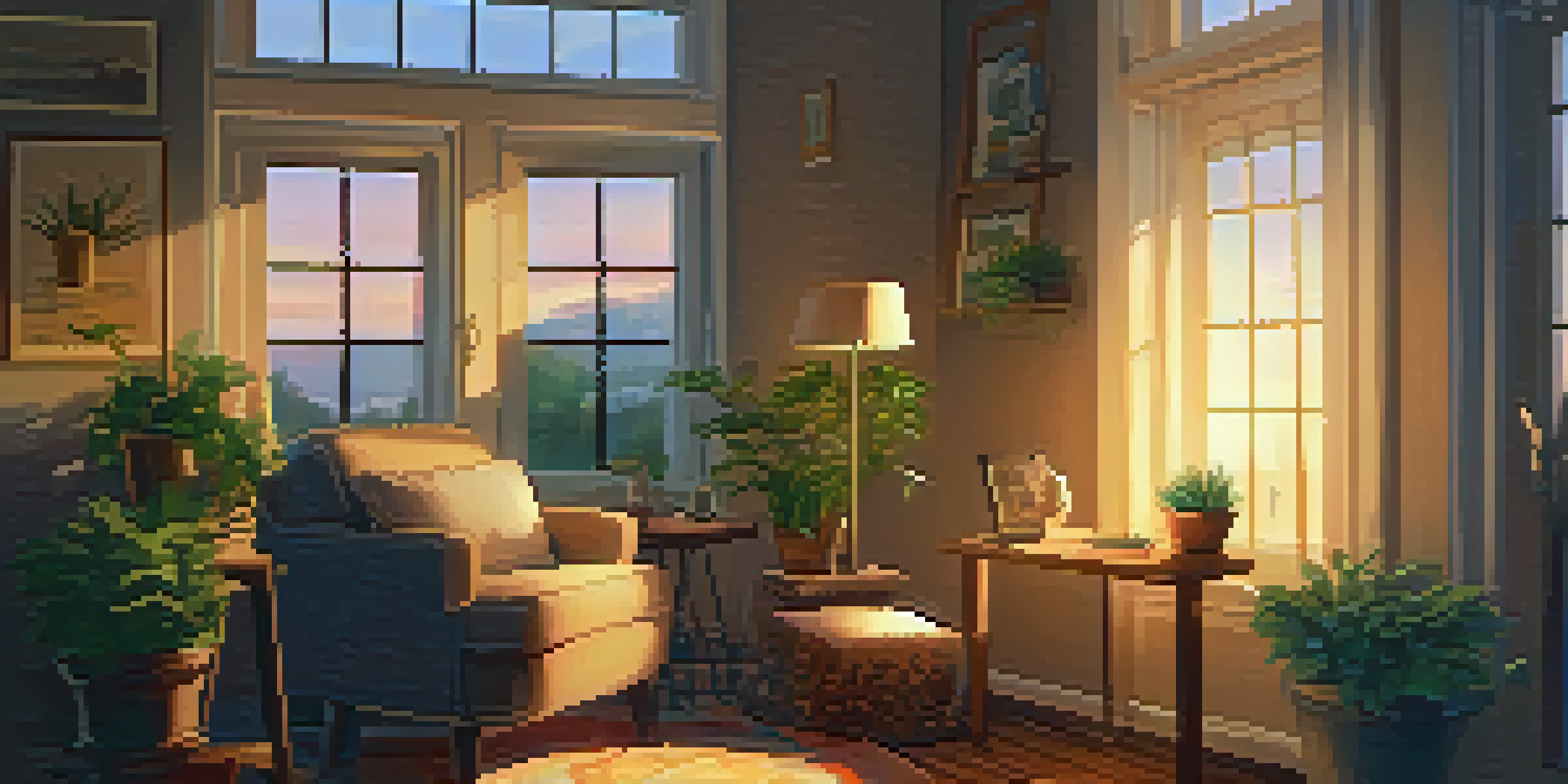 A person writing in a gratitude journal in a cozy living room with warm lighting and plants.