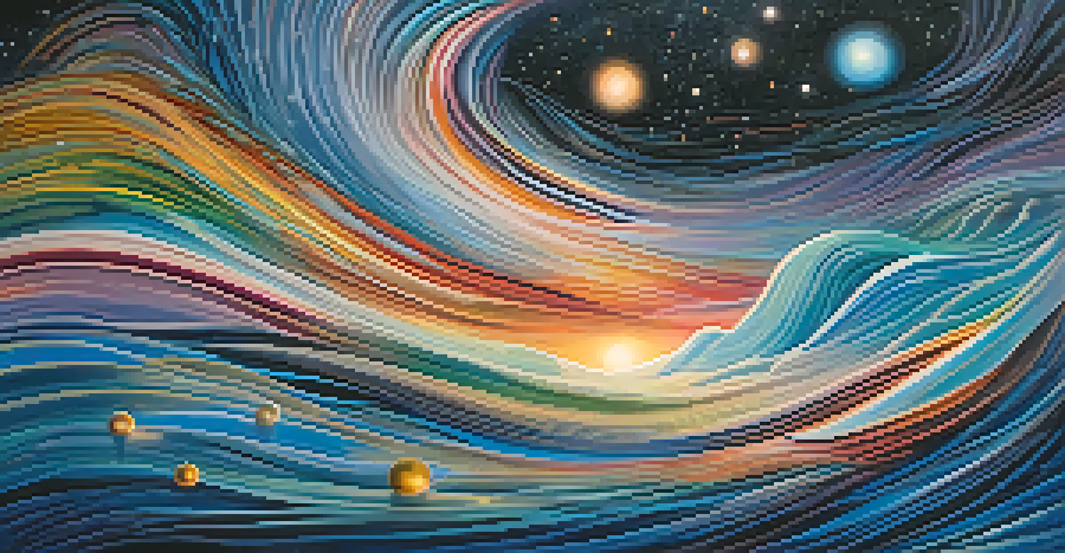 An abstract night sky filled with swirling colors, stars, and dream symbols like feathers and keys.