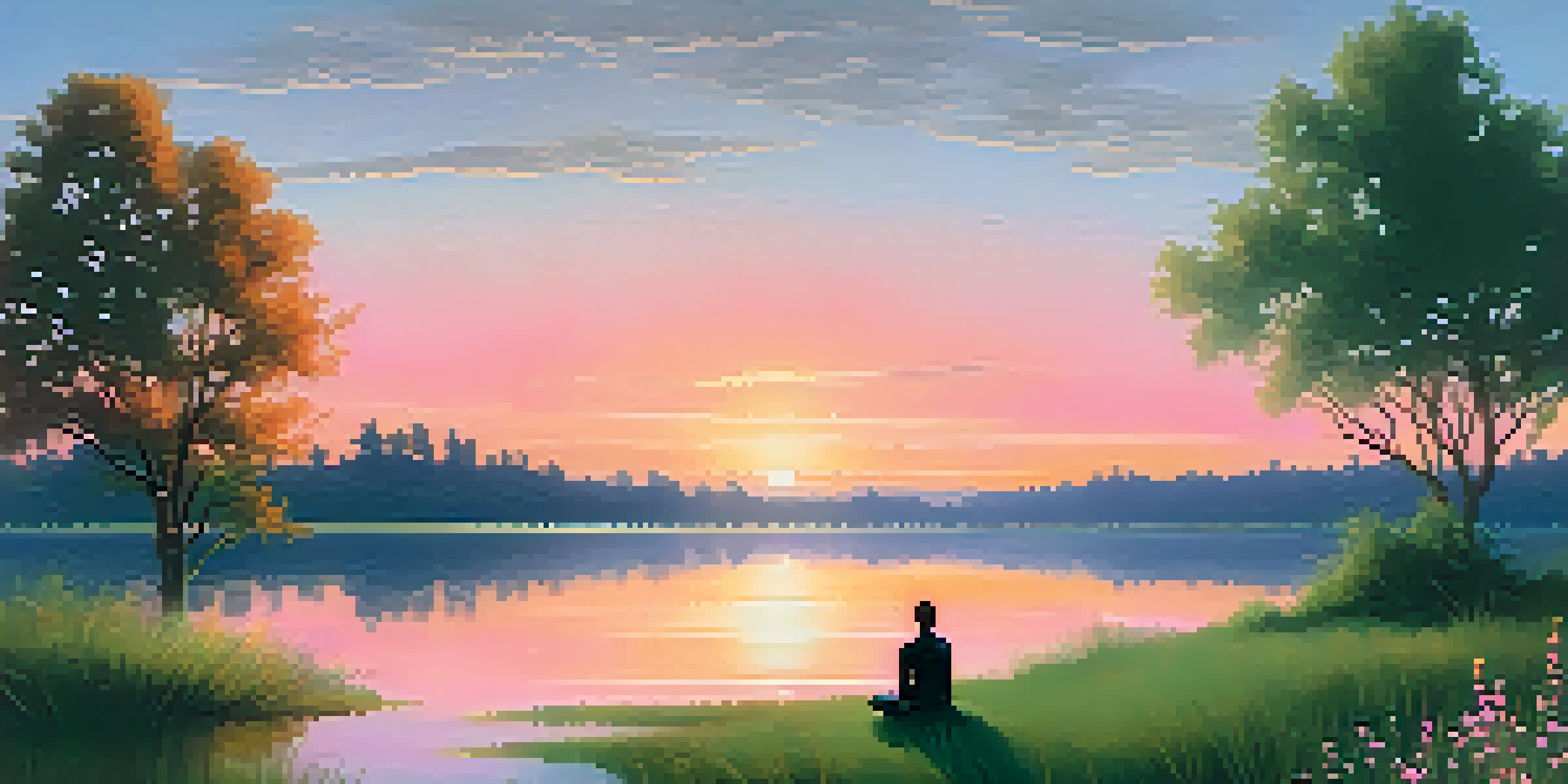 A peaceful sunrise landscape with a calm lake and a person meditating by the water's edge.