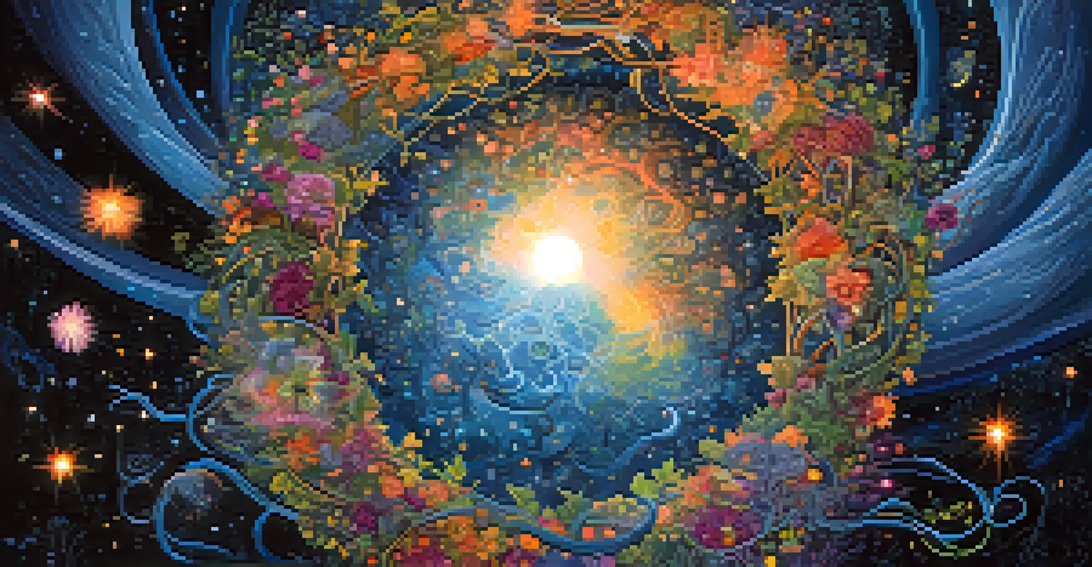 An abstract circular design of vines and flowers against a cosmic background, symbolizing the concept of eternal recurrence.