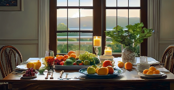 A beautifully arranged dining table with colorful fruits and vegetables, softly lit by candles, with a view of gentle waves in the background.