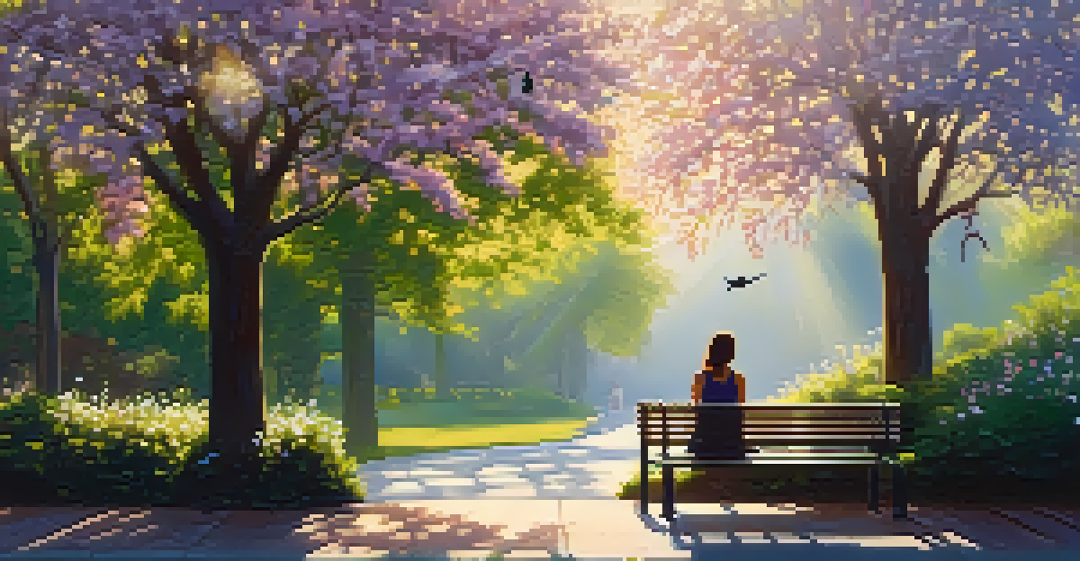 A woman practicing breath awareness in a peaceful park surrounded by blooming flowers and trees.