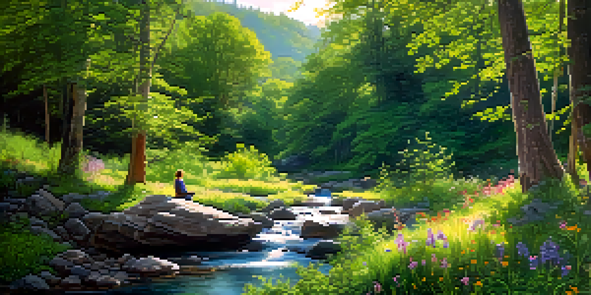 A peaceful forest landscape with sunlight, a stream, and a meditating figure sitting on a rock surrounded by flowers.