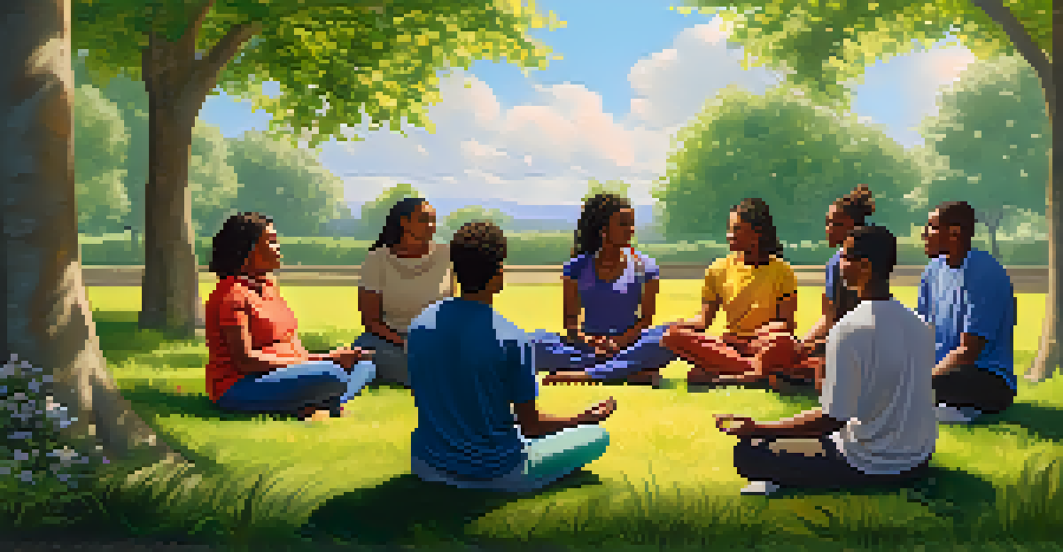 A diverse group of people meditating in a circle in a sunny park, surrounded by greenery and flowers.