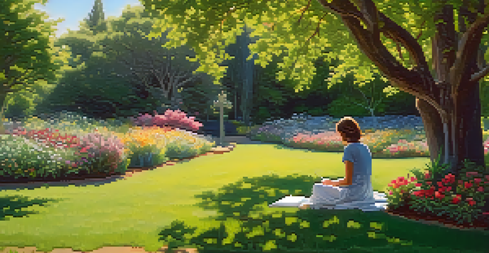 A peaceful garden with colorful flowers and a person journaling on the grass under sunlight.