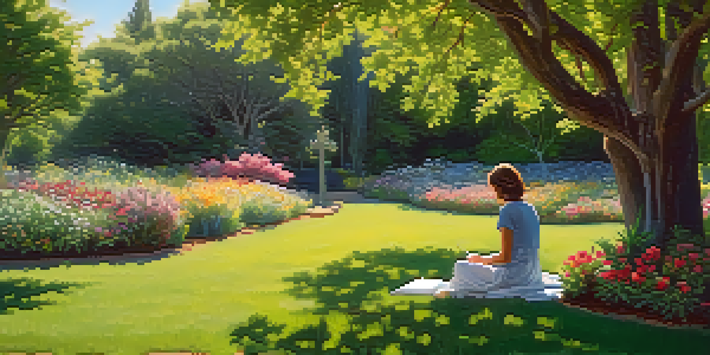 A peaceful garden with colorful flowers and a person journaling on the grass under sunlight.
