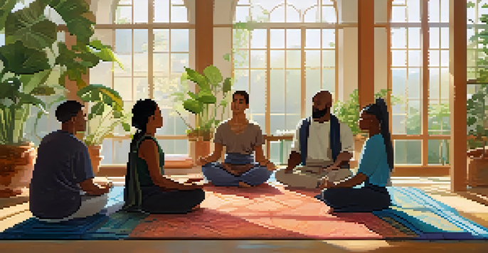 A diverse group of people meditating together in a sunlit room, creating a peaceful atmosphere with plants and cushions.