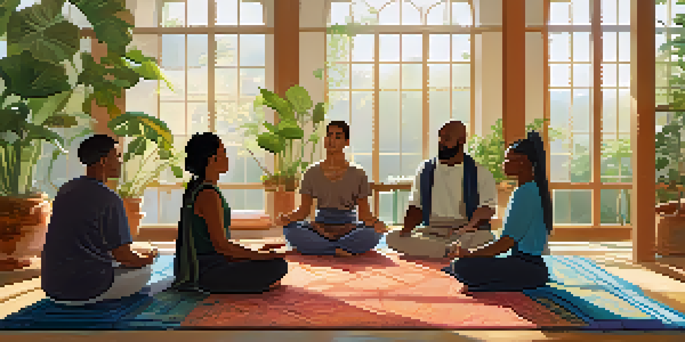 A diverse group of people meditating together in a sunlit room, creating a peaceful atmosphere with plants and cushions.