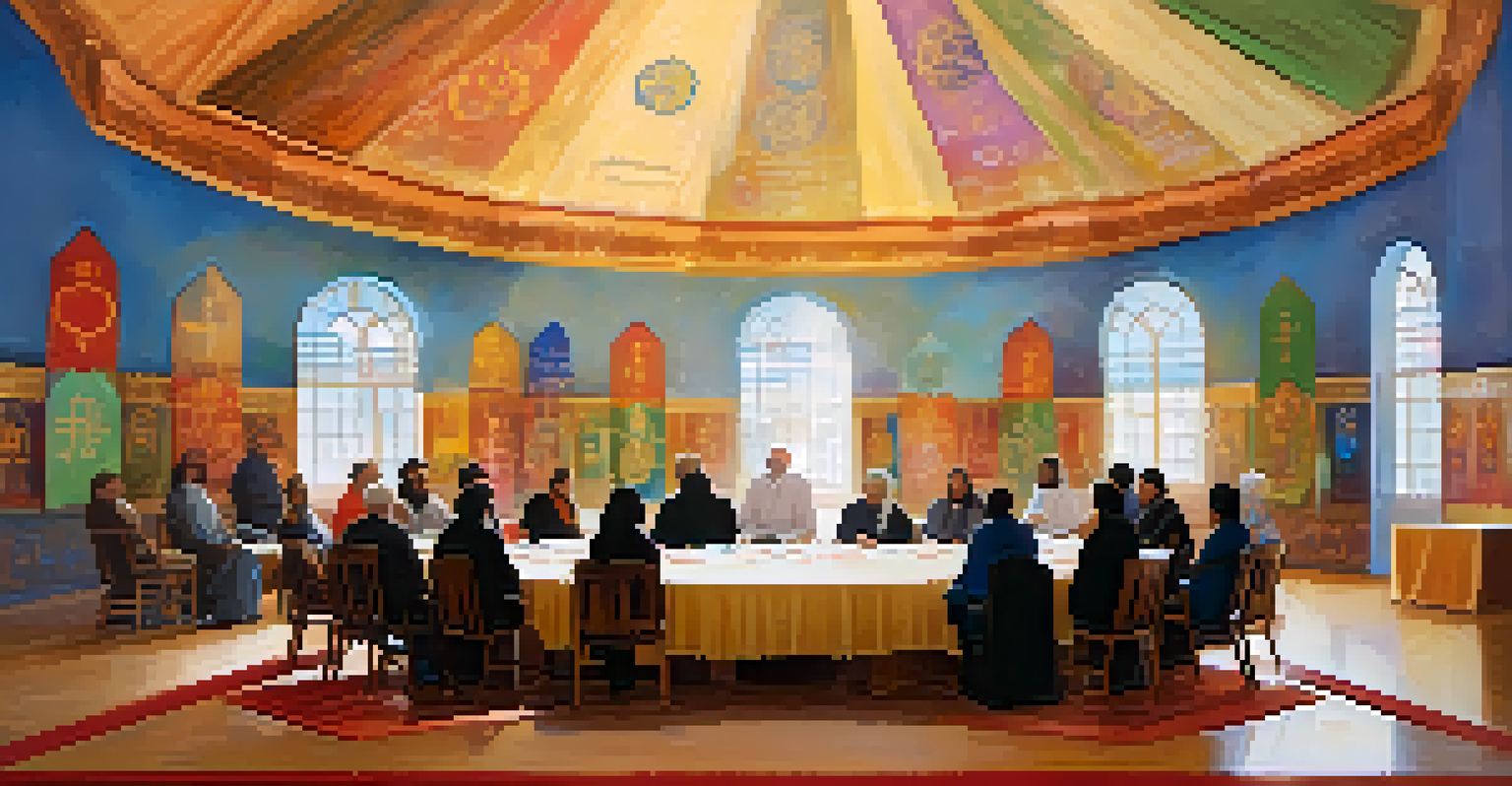 An interfaith dialogue in a community hall with individuals from different faiths seated in a circular arrangement, engaging in conversation amidst colorful spiritual banners.