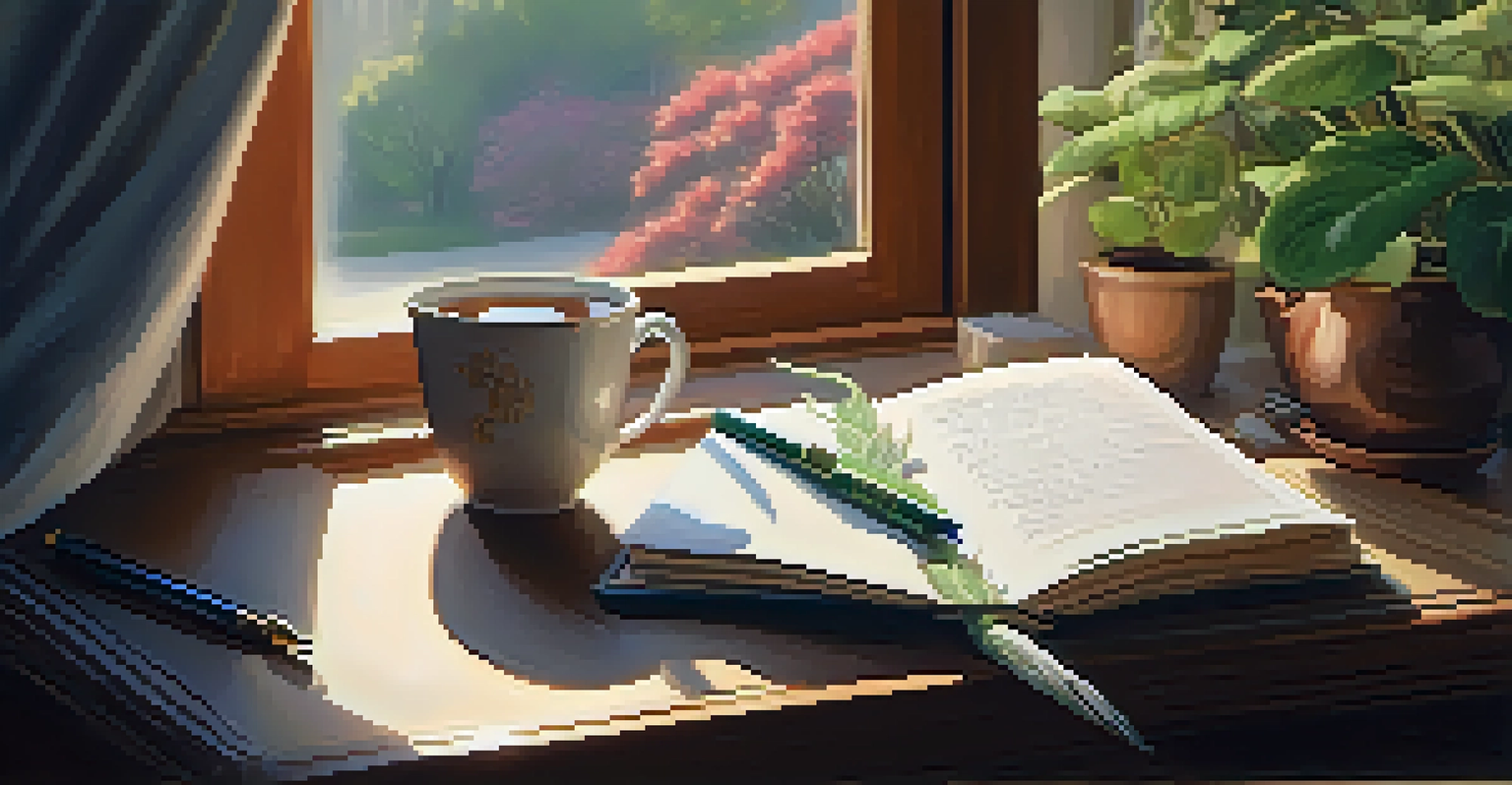A cozy journaling setup with a journal, a pen, and a cup of tea on a wooden table, illuminated by soft morning light.