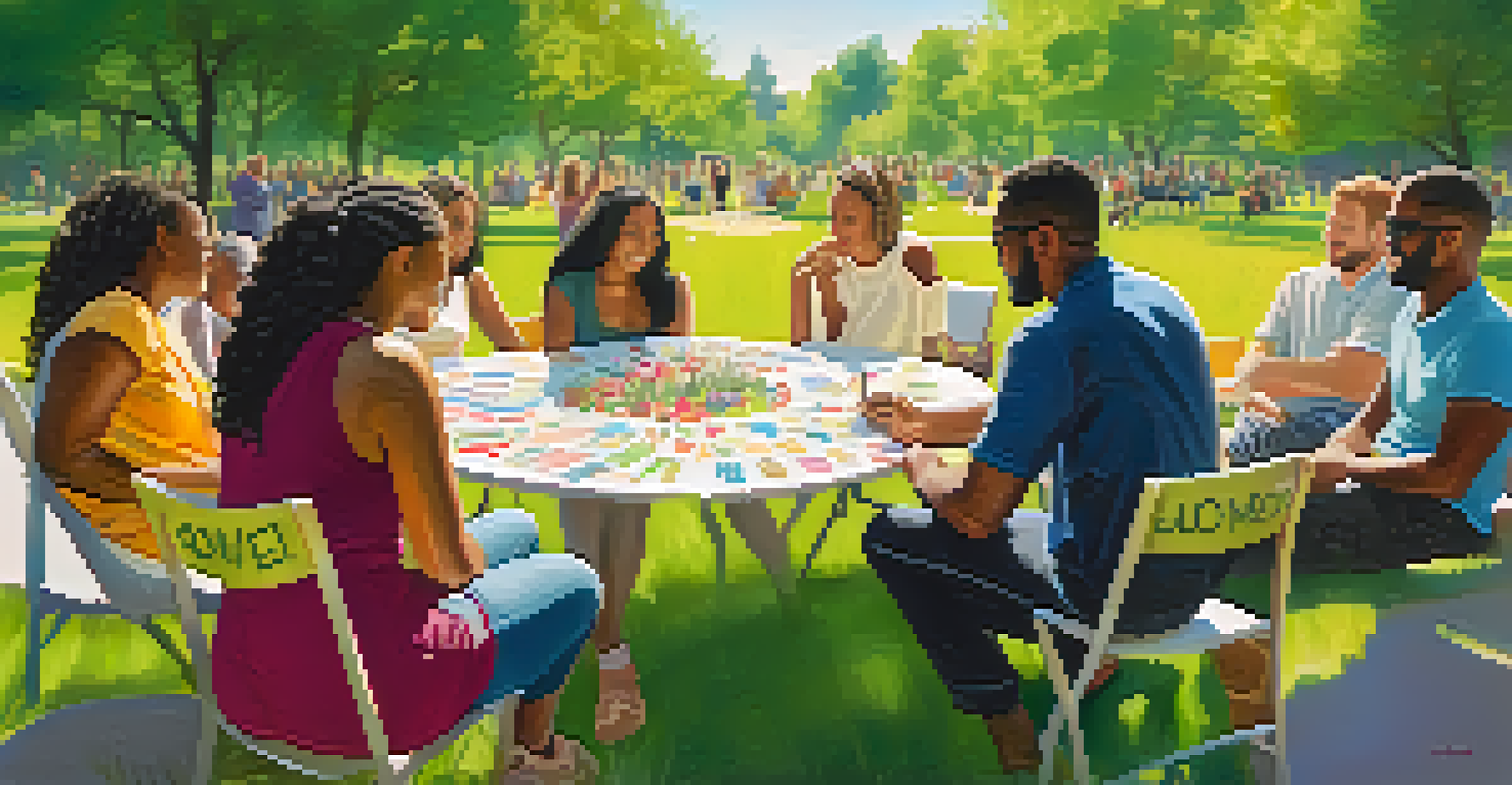 A diverse group of people sitting in a circle in a sunny park, sharing notes of gratitude, with vibrant nature surrounding them.
