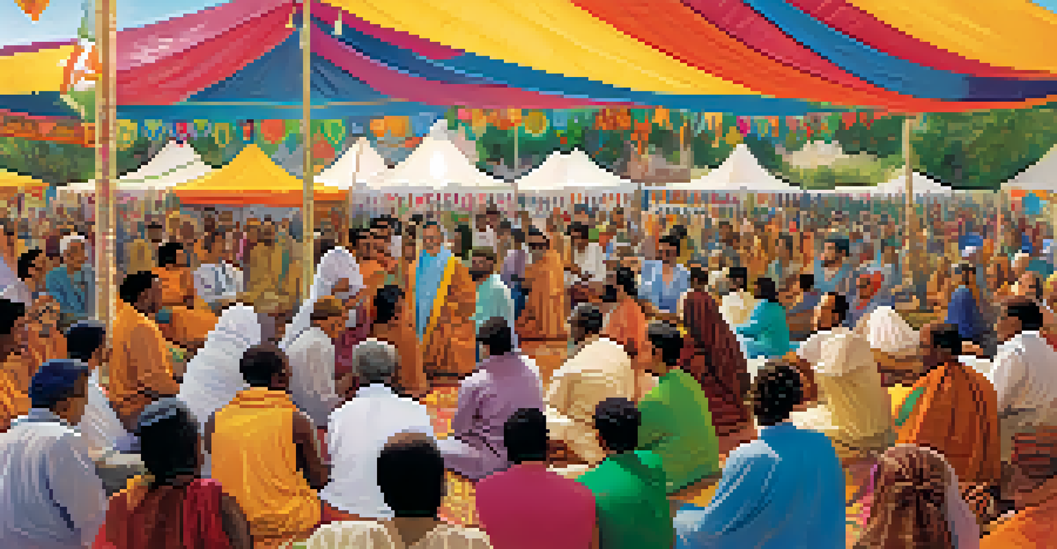A colorful spiritual community gathering with people from different cultures discussing under a large tent.