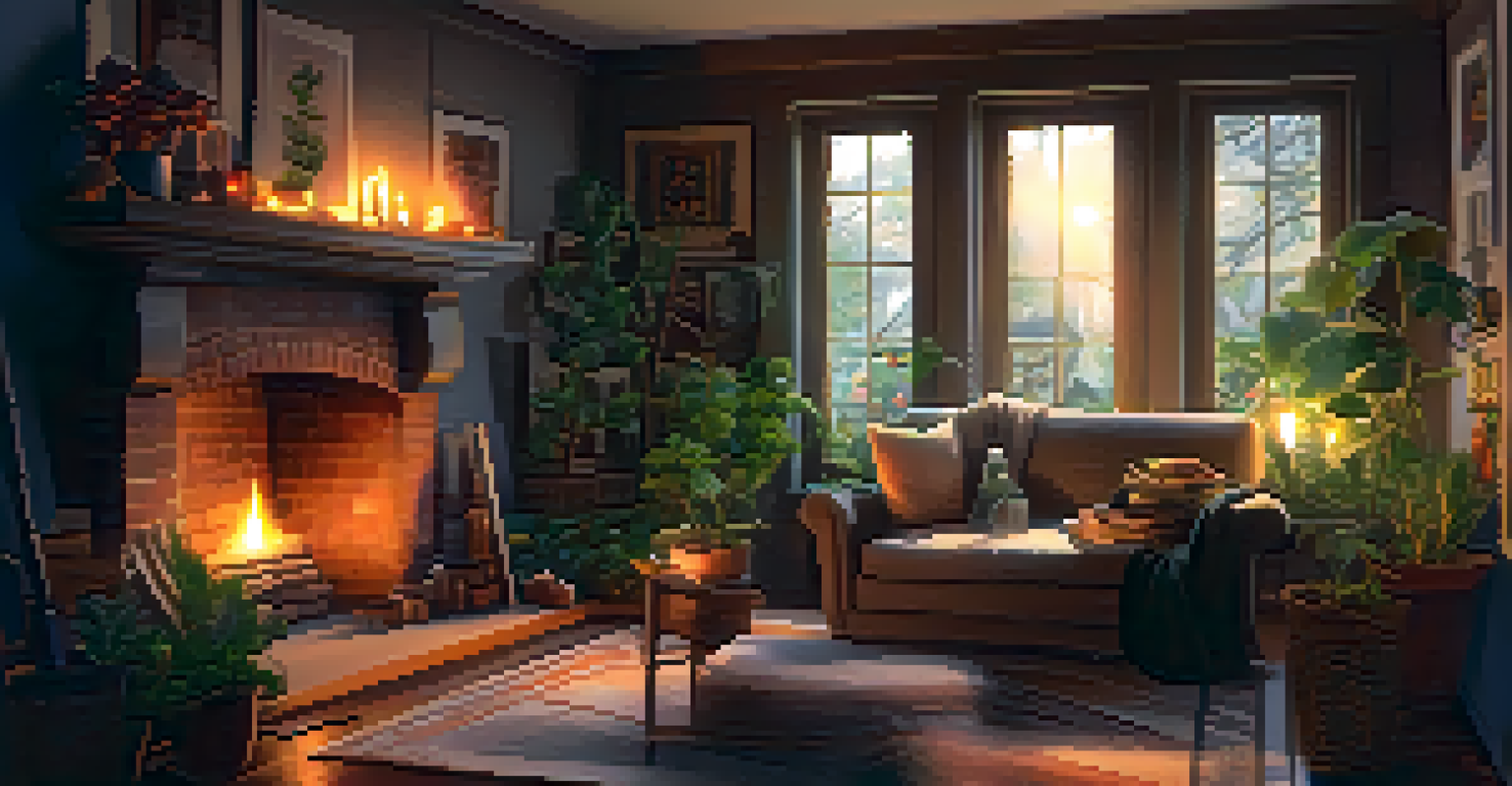 A cozy room with candlelight, featuring a person journaling by a fireplace surrounded by spiritual symbols and plants.