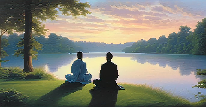 A peaceful landscape with a lake reflecting pastel clouds and silhouettes of people meditating by the shore.