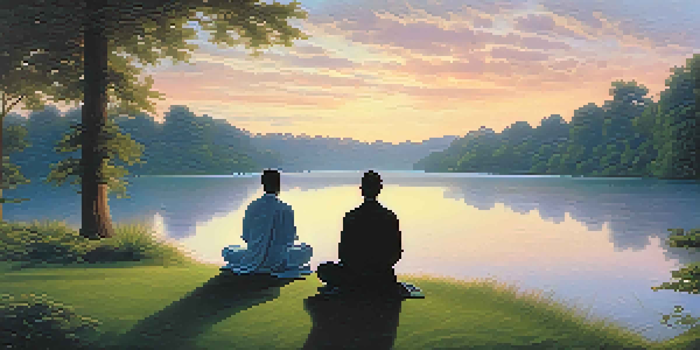 A peaceful landscape with a lake reflecting pastel clouds and silhouettes of people meditating by the shore.