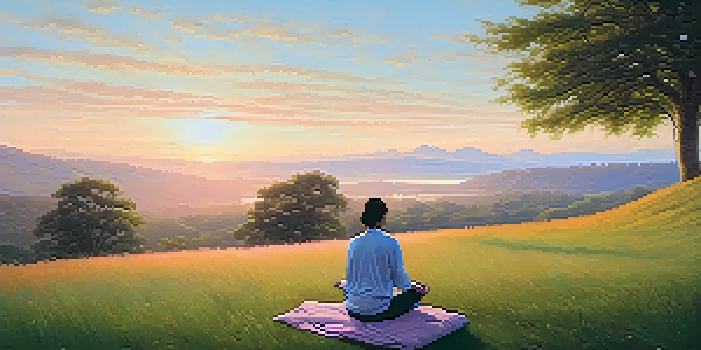 A person meditating on a grassy hill at sunrise with a cup of tea nearby, creating a peaceful morning atmosphere.