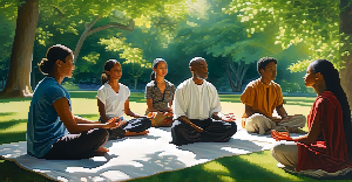 A diverse group of people meditating together in a sunny park, surrounded by greenery and flowers, promoting peace and unity.