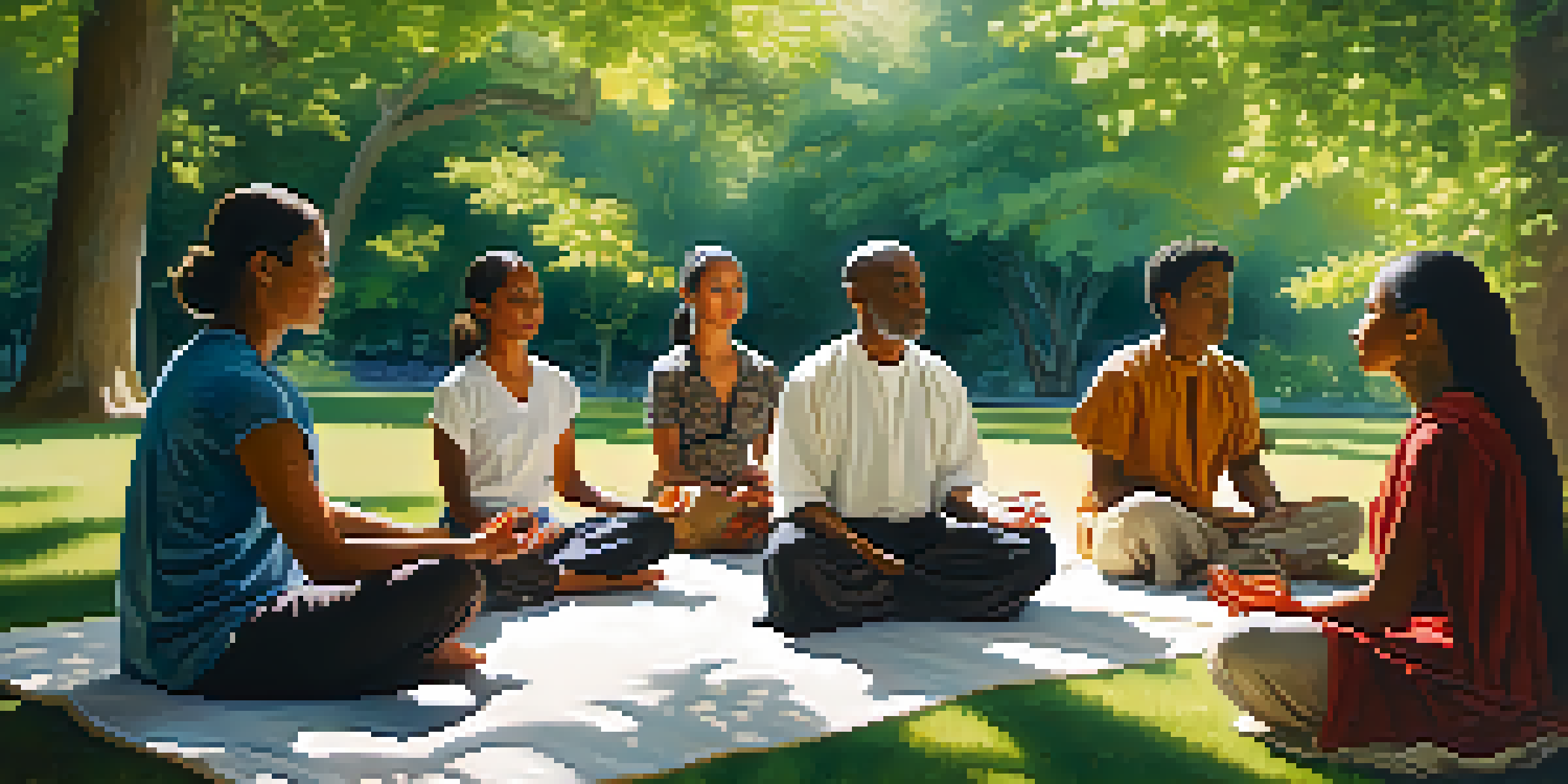 A diverse group of people meditating together in a sunny park, surrounded by greenery and flowers, promoting peace and unity.