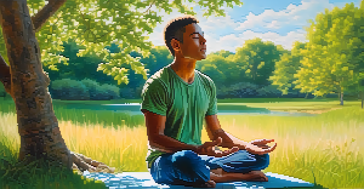 A man meditating outdoors in a peaceful natural setting, surrounded by greenery and soft sunlight.