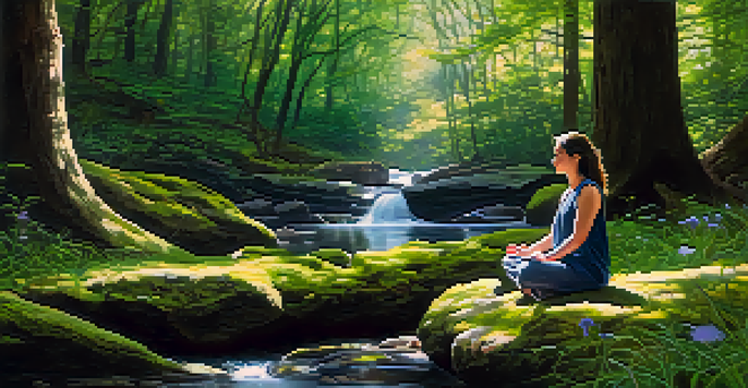 A person meditating peacefully in a tranquil forest, surrounded by greenery and wildflowers, with sunlight filtering through the leaves.