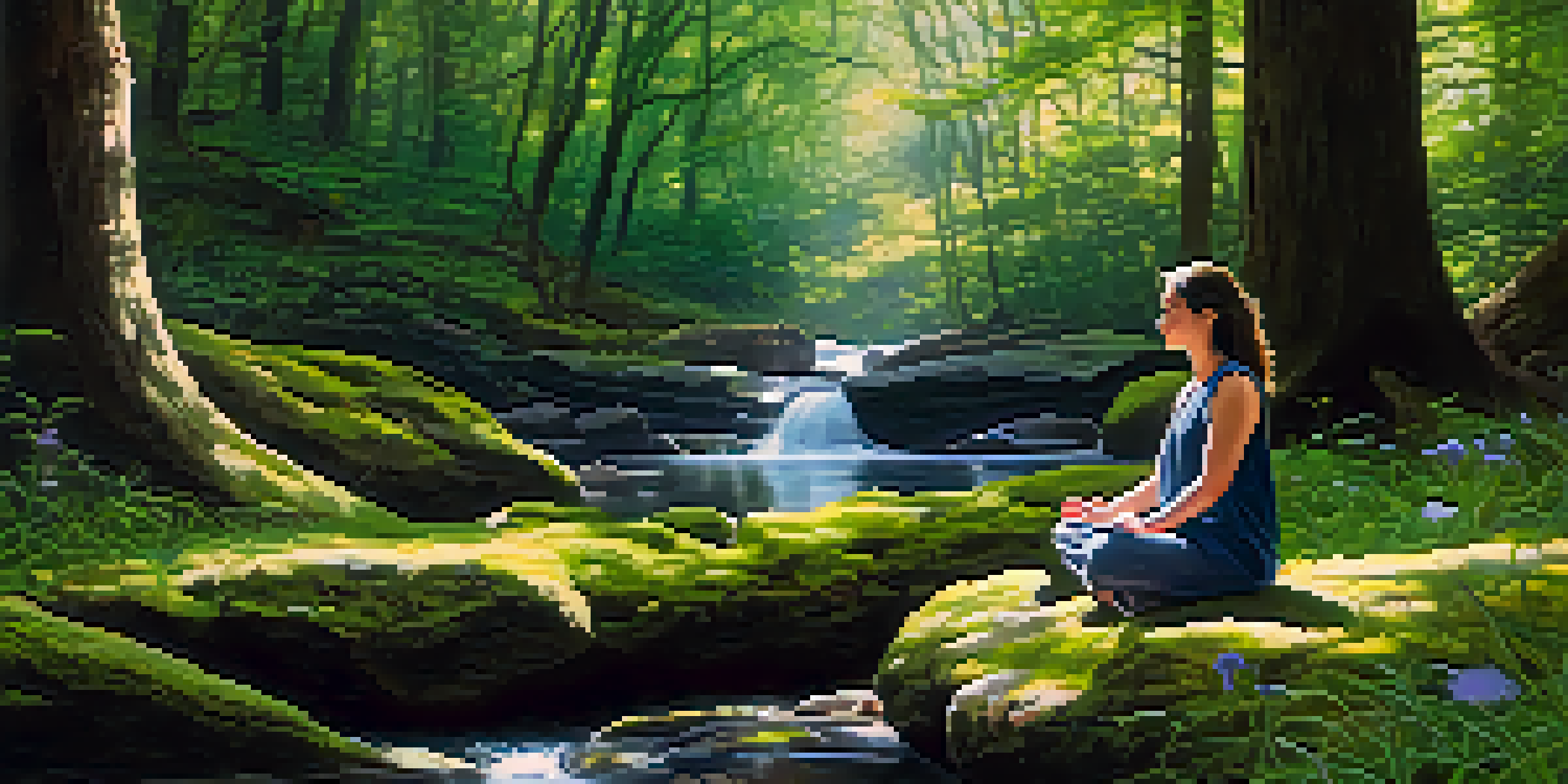 A person meditating peacefully in a tranquil forest, surrounded by greenery and wildflowers, with sunlight filtering through the leaves.