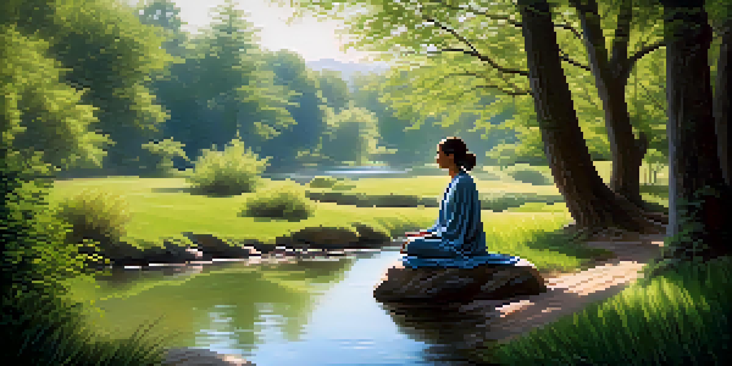 A tranquil meditation space in a lush green landscape with a figure meditating by a gentle stream.