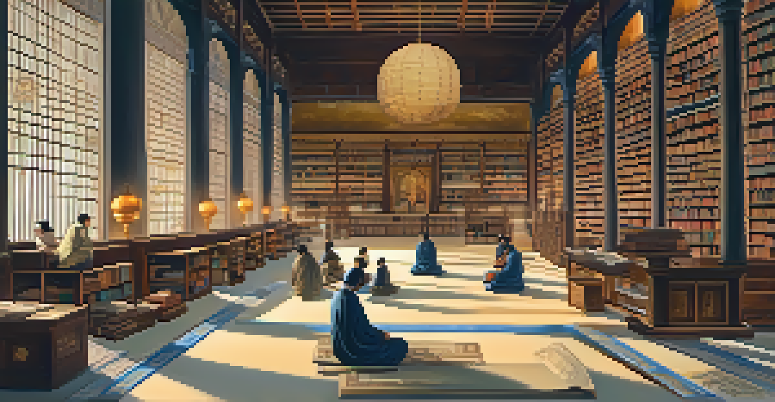 A cozy library with ancient scrolls, a person meditating, and glowing images of philosophers surrounding them.