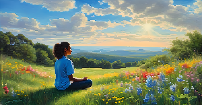 A person sitting cross-legged on a grassy hill, practicing mindfulness amidst colorful wildflowers under a blue sky with fluffy clouds.