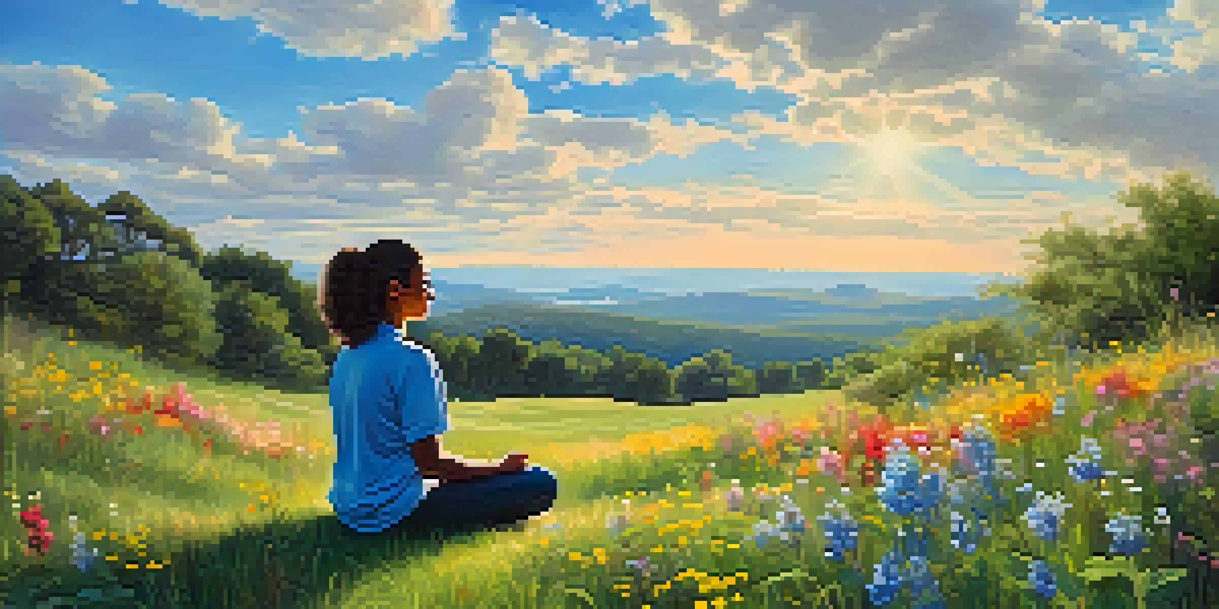 A person sitting cross-legged on a grassy hill, practicing mindfulness amidst colorful wildflowers under a blue sky with fluffy clouds.